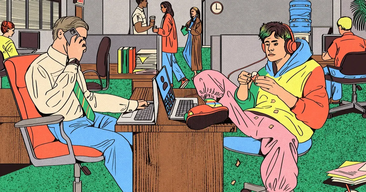 Illustration of two figures at work in an office, for the Vox Media case study